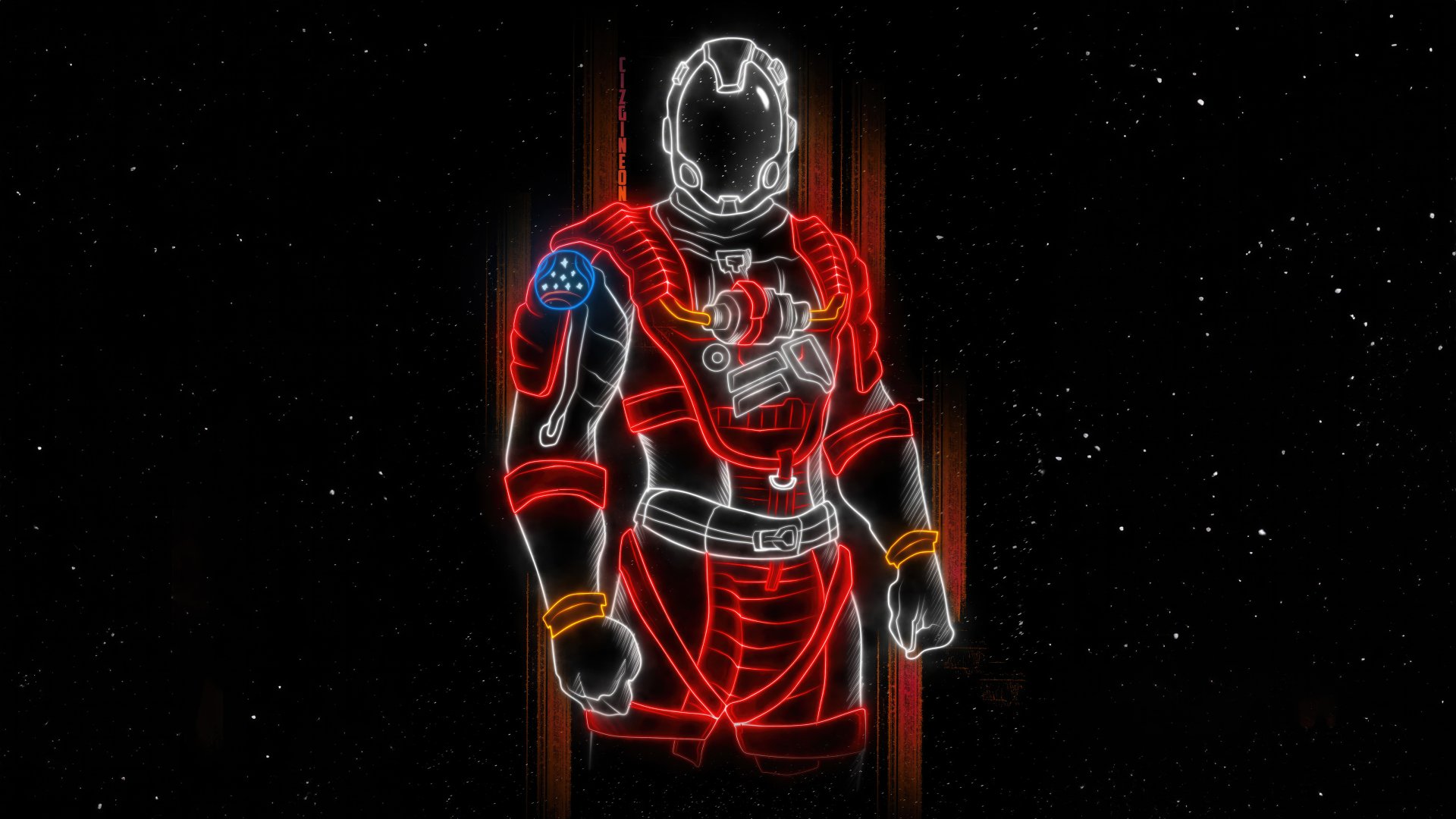 Neon red-and-white glowing astronaut suit floating against a starfield, video game Starfield artwork — 5K Ultra HD PC desktop wallpaper and background.