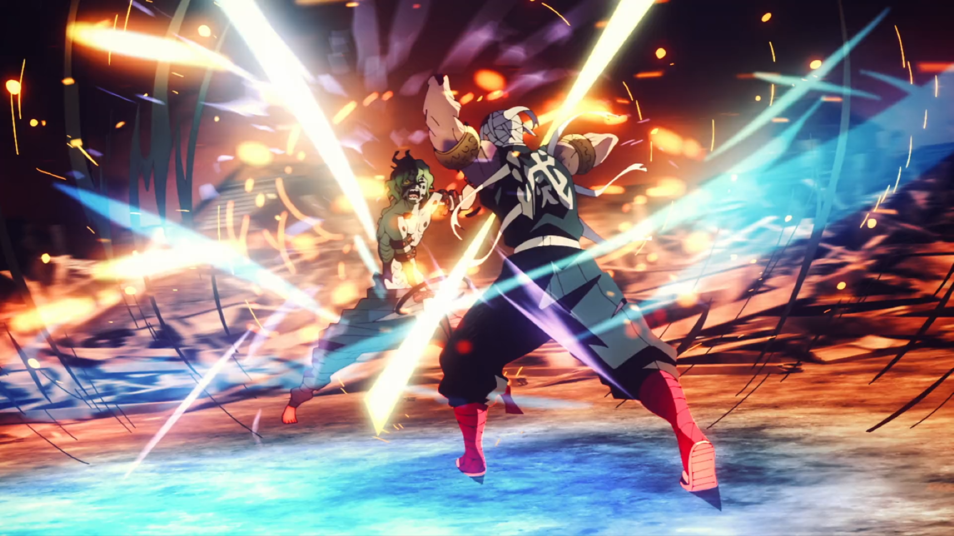 HD PC desktop wallpaper background of Demon Slayer: Kimetsu no Yaiba — Tengen Uzui and Gyutaro clash in a dynamic, fiery anime battle scene.