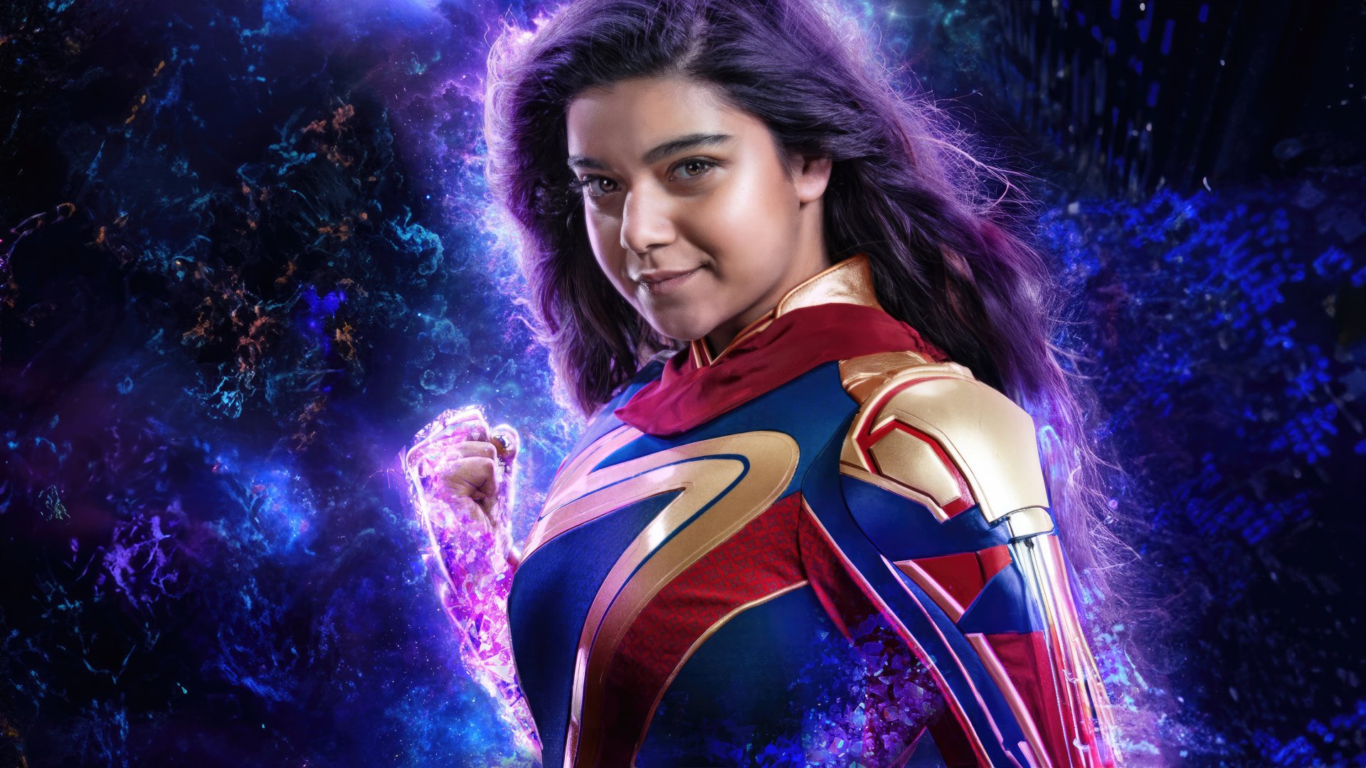 4K Ultra HD PC desktop wallpaper featuring a vibrant image from the movie The Marvels, showcasing a confident superhero with glowing purple energy effects.