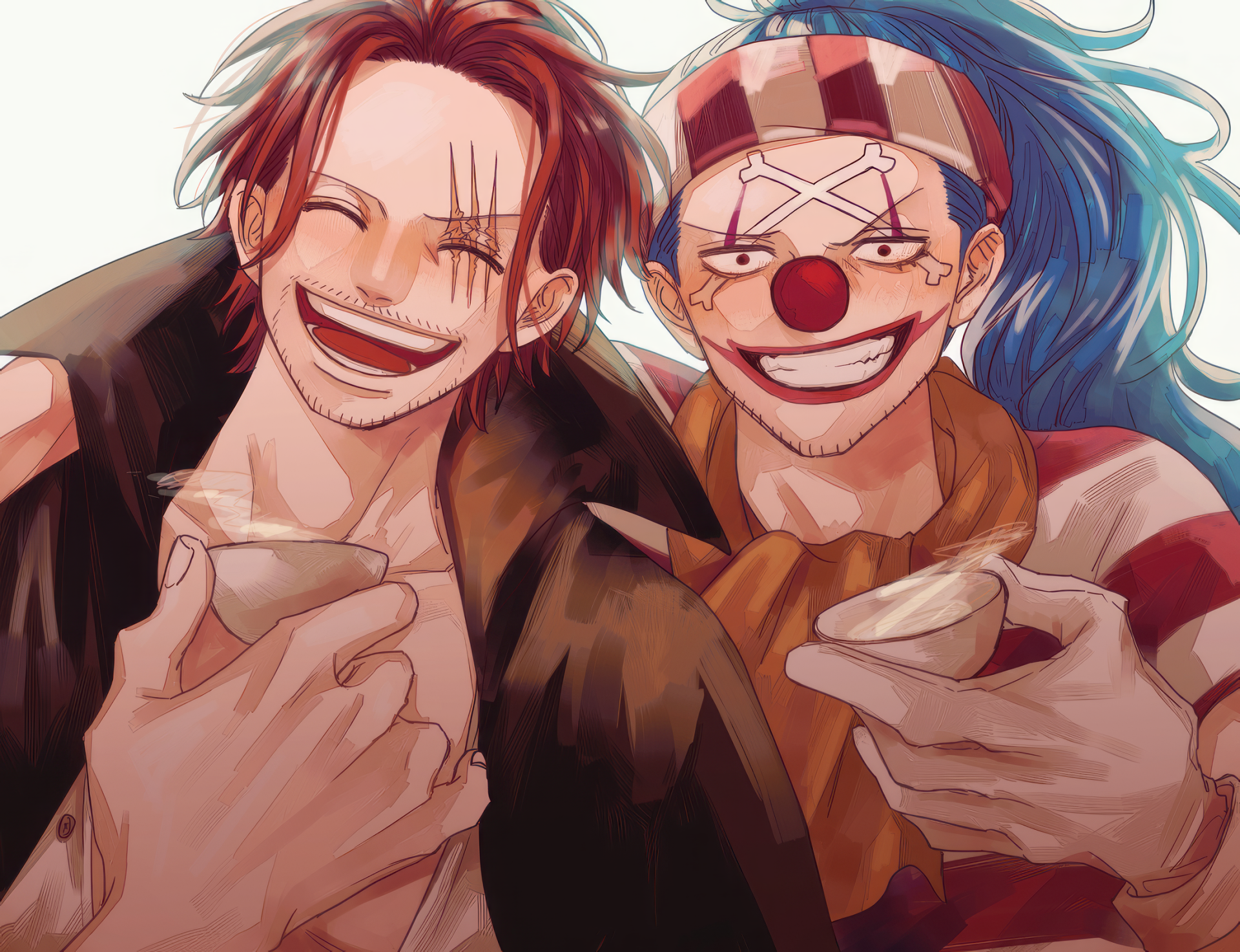 HD desktop wallpaper featuring Shanks and Buggy from One Piece, animated characters sharing a toast with joyful expressions.