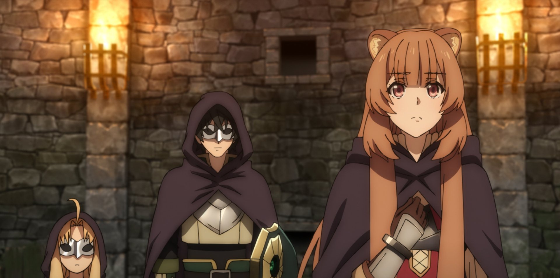 HD PC desktop wallpaper featuring Naofumi Iwatani, Raphtalia, and Filo from the anime The Rising of the Shield Hero, cloaked and standing before a torchlit stone wall.