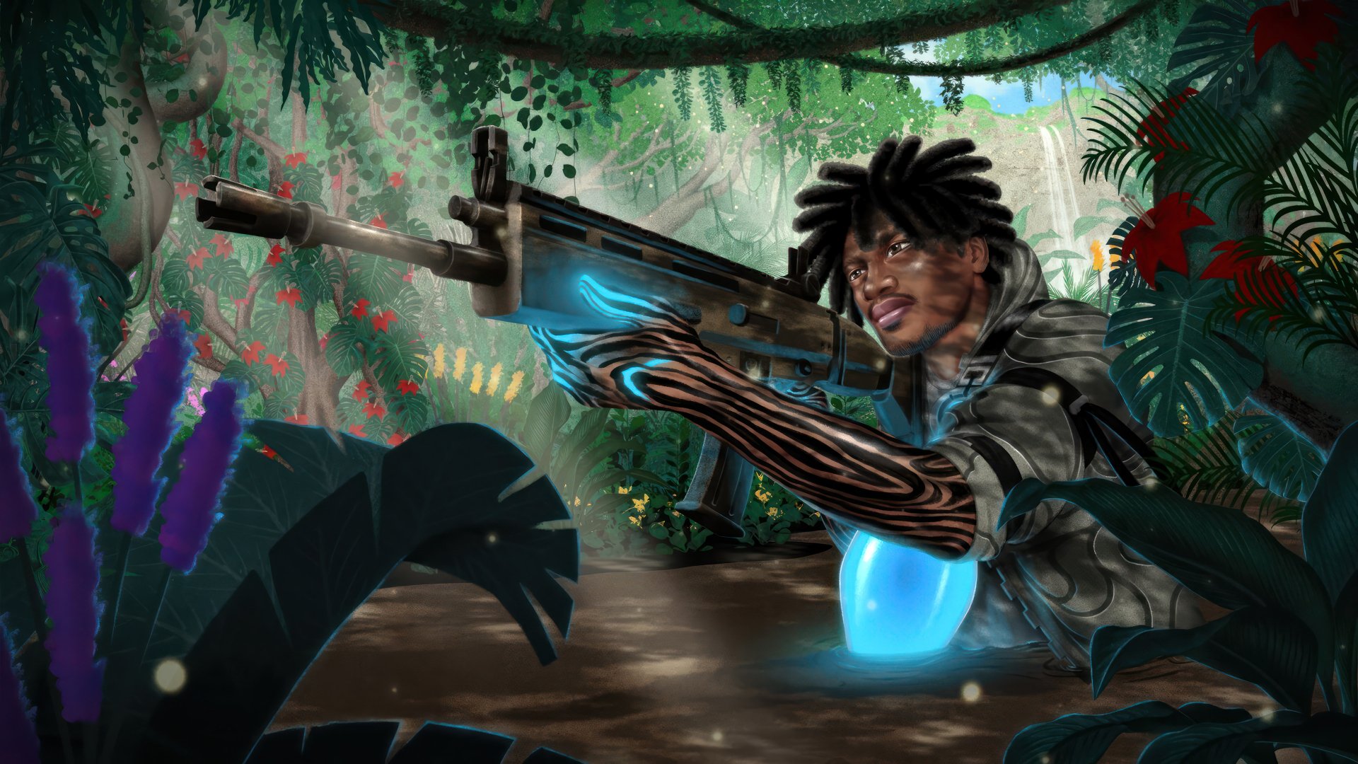 HD desktop wallpaper featuring a Fortnite character aiming a futuristic weapon in a lush jungle setting.