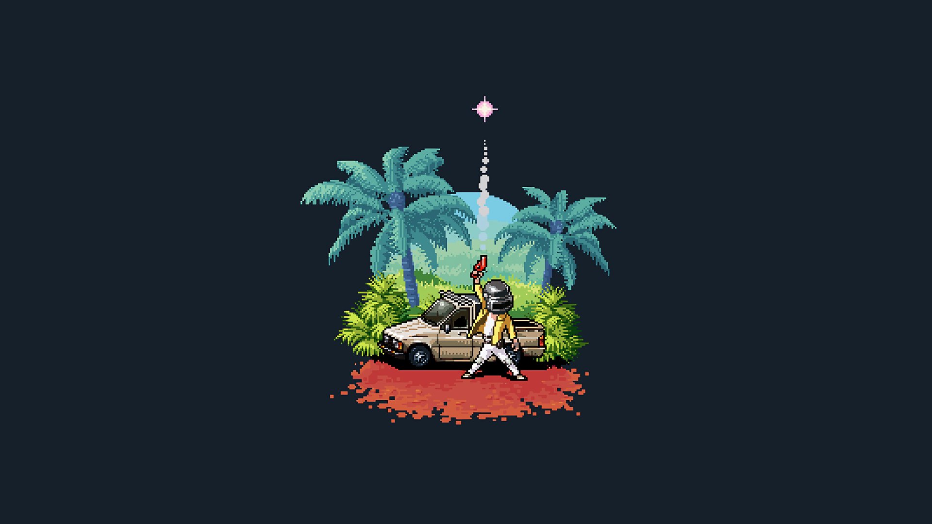 HD desktop wallpaper featuring a pixel art scene from Playerunknown's Battlegrounds with a character seated by a car under palm trees, set against a starry sky.