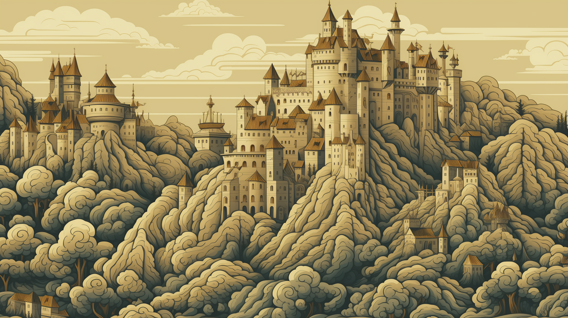 Illustration of a sprawling medieval castle perched atop rolling hills for HD desktop wallpaper and background.