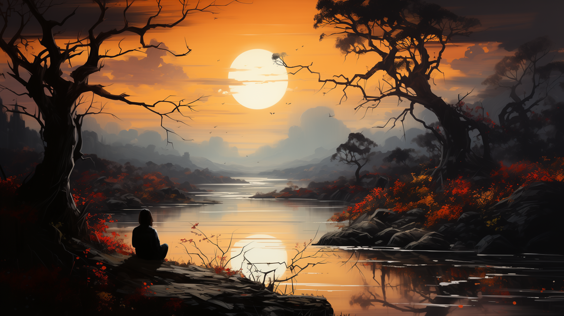 Silhouette of a person sitting by a tranquil lake shore at sunset, framed by trees, with vibrant orange and red colors in a high-definition desktop wallpaper background.