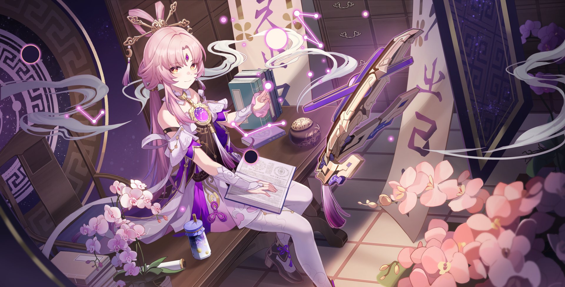 4K Ultra HD desktop wallpaper featuring Fu Xuan from the video game Honkai: Star Rail, depicted in a detailed, serene setting with cherry blossoms and mystical elements.