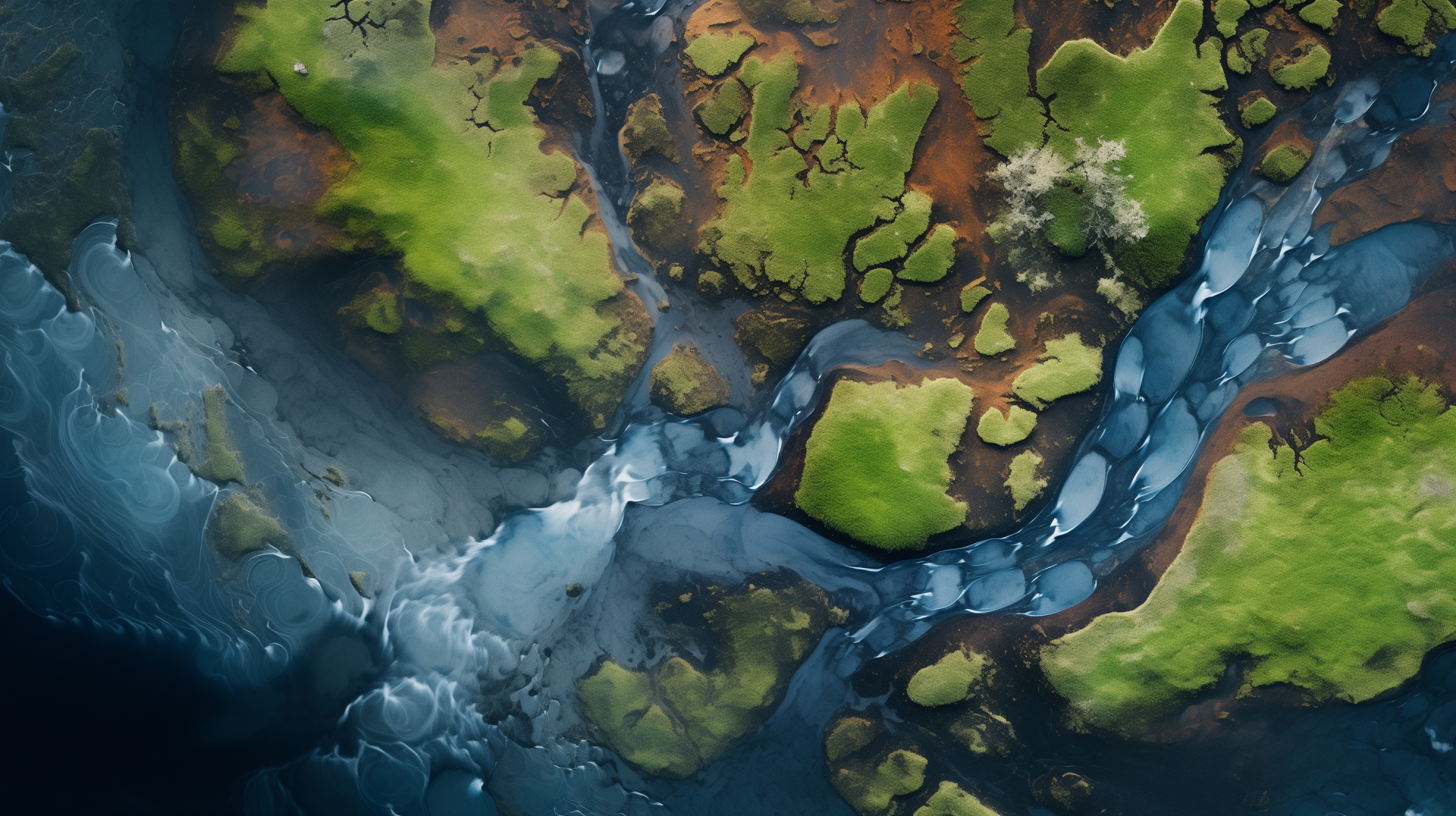 High-definition desktop wallpaper featuring an aerial view of a meandering creek with vibrant green landscapes for a serene background.