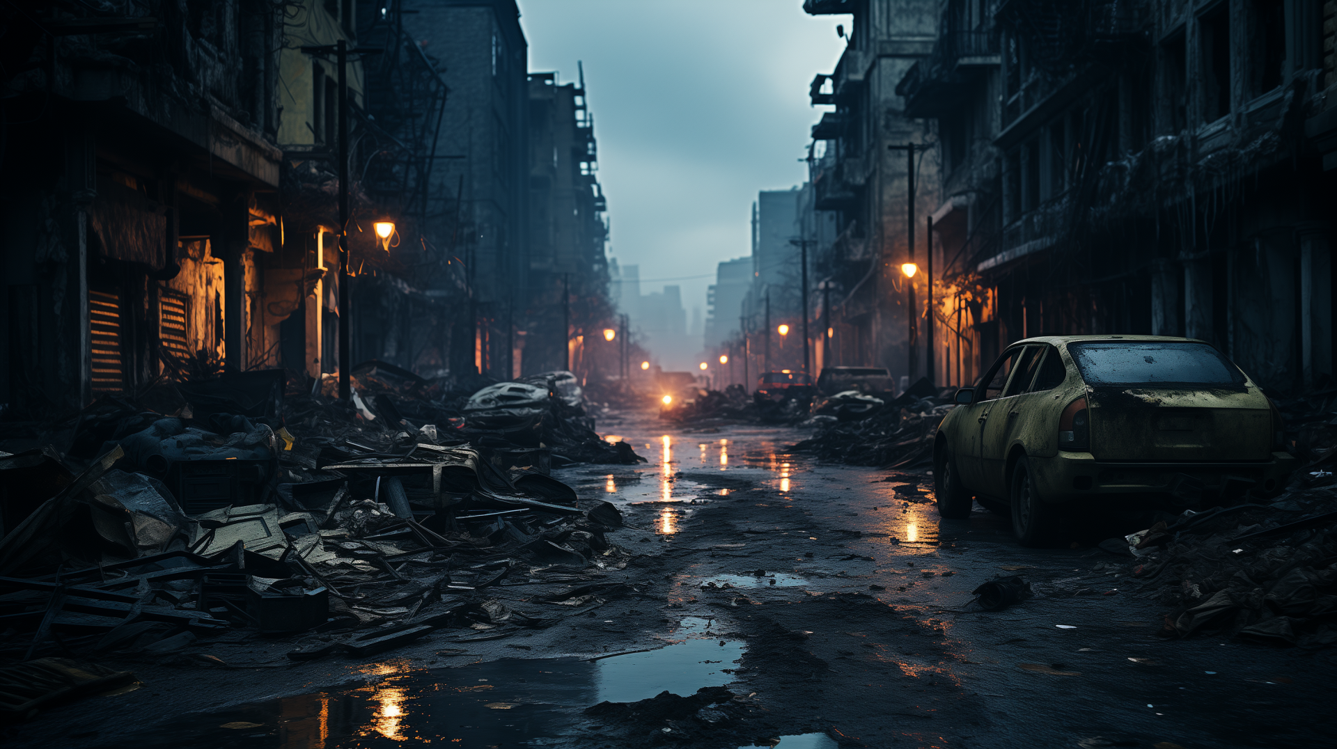 HD wallpaper of a post-apocalyptic city scene with deserted streets, decaying buildings, an abandoned car, and remnants of destruction, capturing the mood of war-torn urban decay.