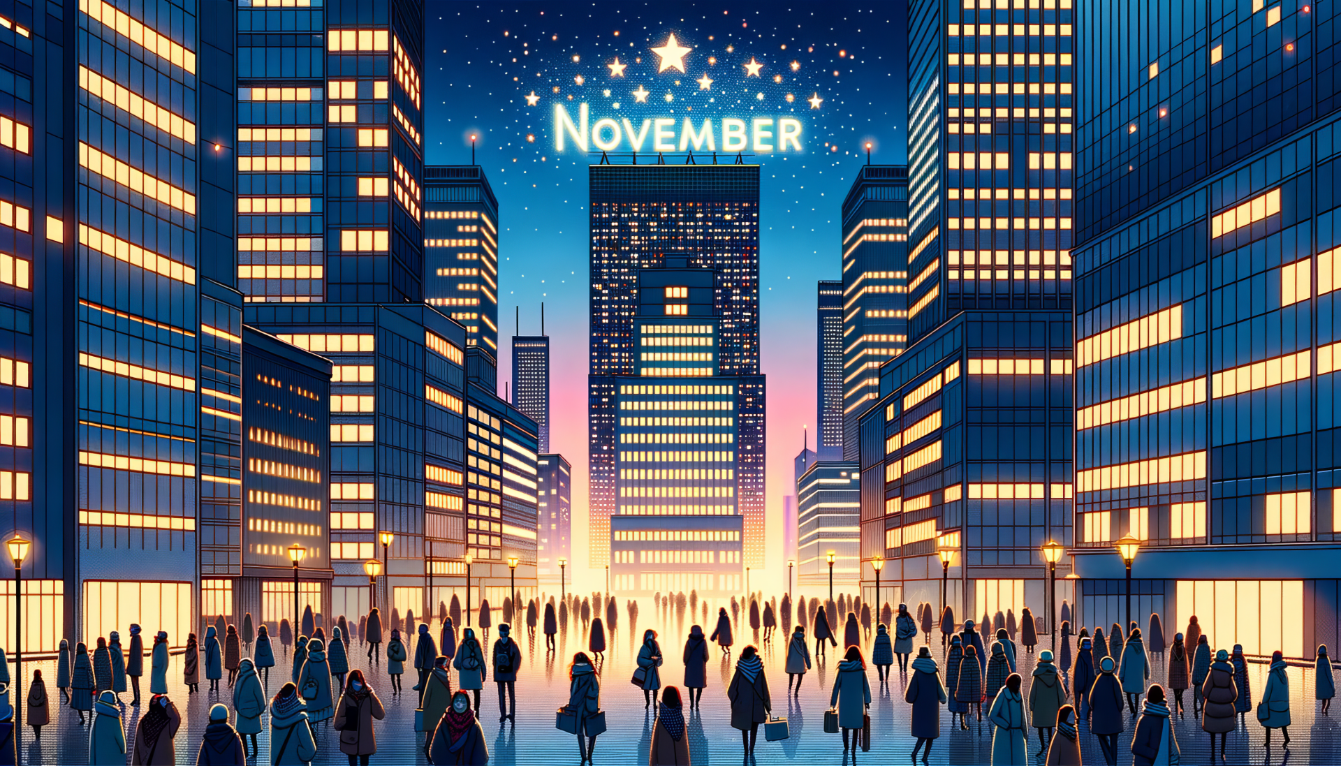 Animated November cityscape wallpaper featuring a bustling crowd of silhouetted people walking between illuminated skyscrapers under a starry sky.