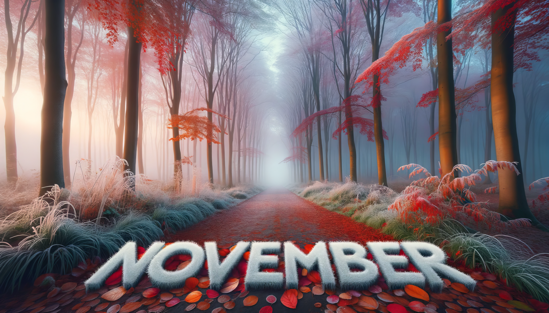 Mystical Autumn Forest HD Wallpaper with November Text, Perfect Desktop Background for Fall Season.