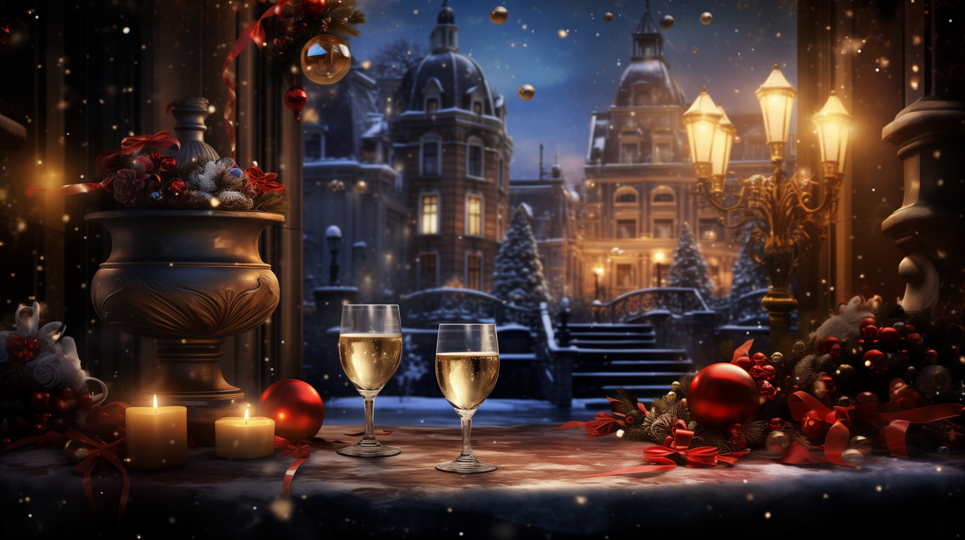 HD New Year celebration wallpaper featuring champagne glasses, festive decorations, and snowfall over an enchanting cityscape at twilight.