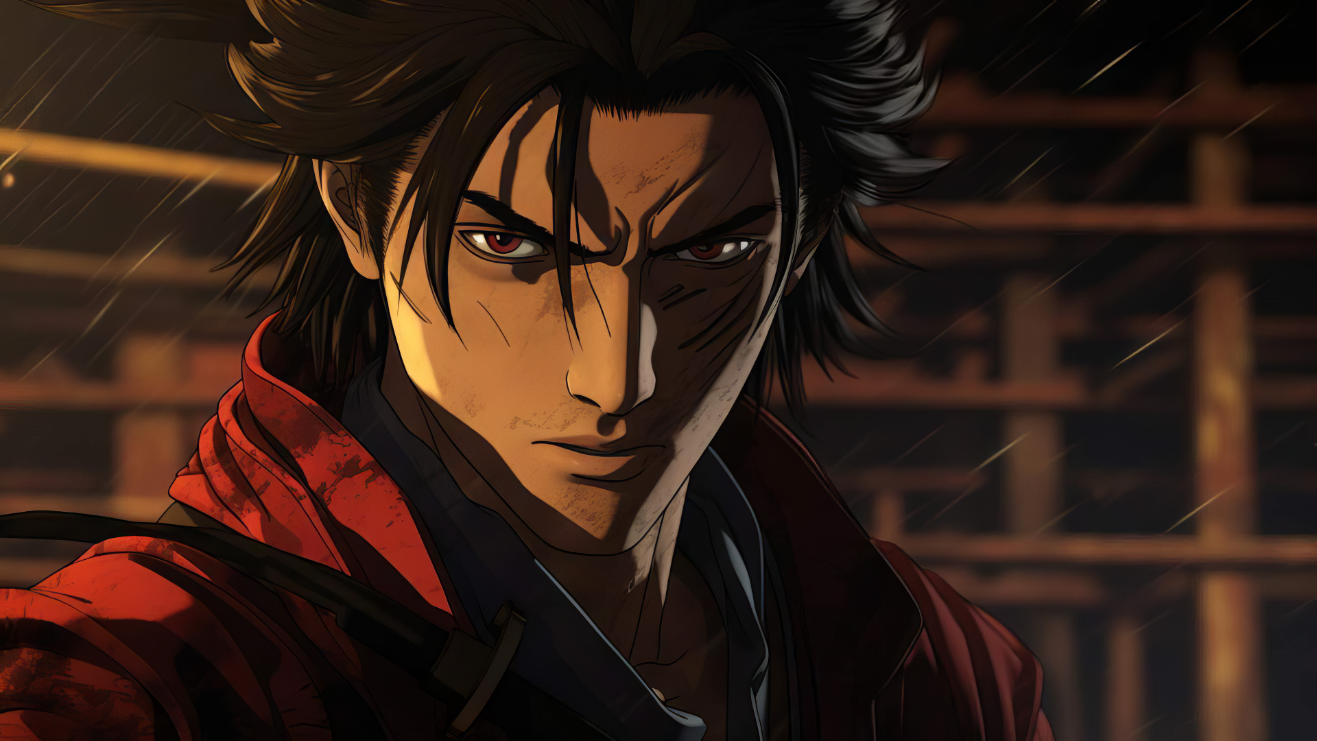 A striking HD wallpaper featuring a fierce character from the anime Onimusha (2023), showcasing intense emotions and rich details in a dramatic setting.