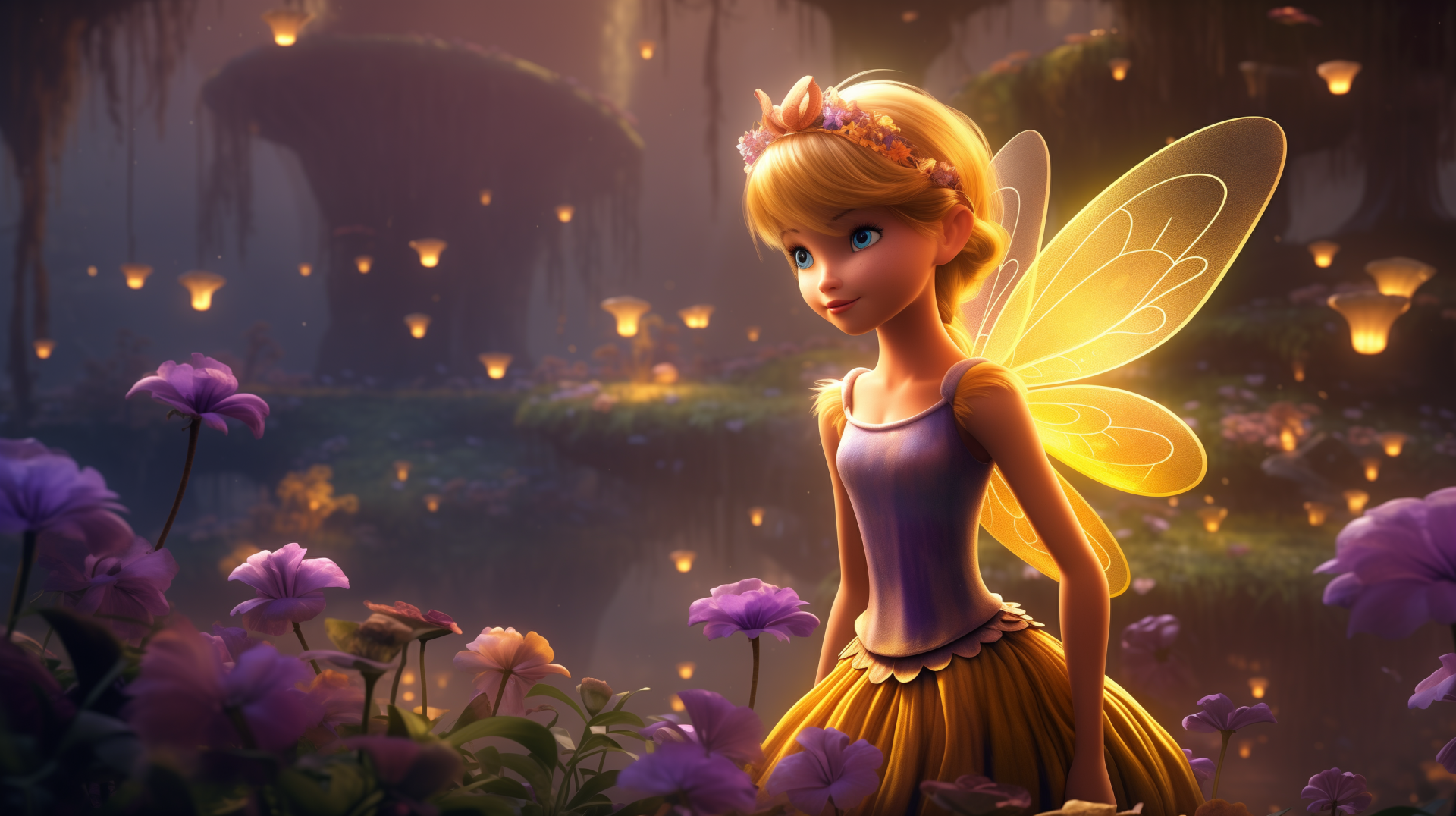 A vibrant HD wallpaper featuring Tinker Bell, the enchanting Disney fairy, surrounded by colorful flowers in a magical forest, illuminated by glowing lanterns.