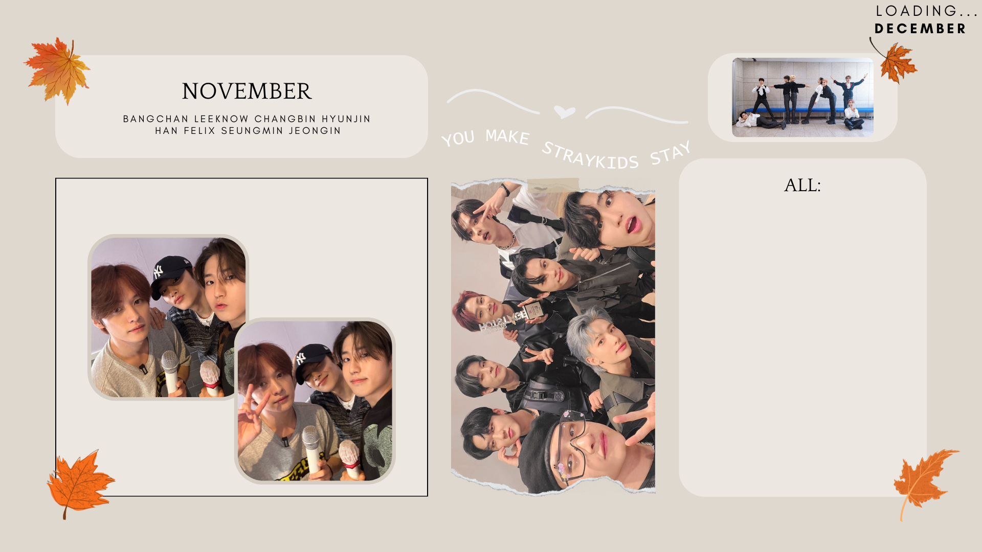 HD PC desktop wallpaper featuring the music group Stray Kids with autumn-themed design elements and photos of the members arranged creatively.