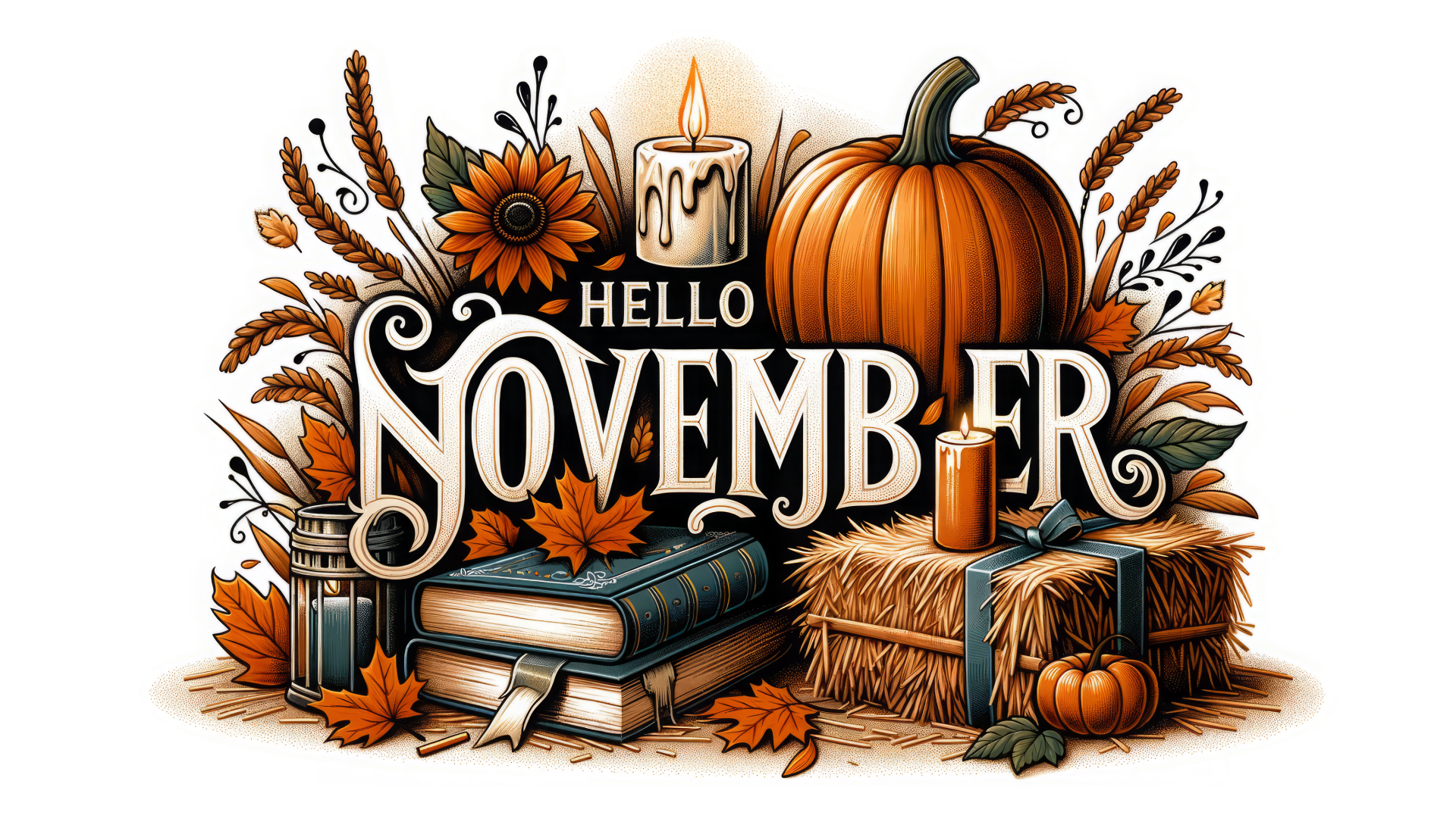 HD desktop wallpaper for November featuring a festive illustration of a pumpkin, candle, books, and fall leaves with the greeting Hello November.