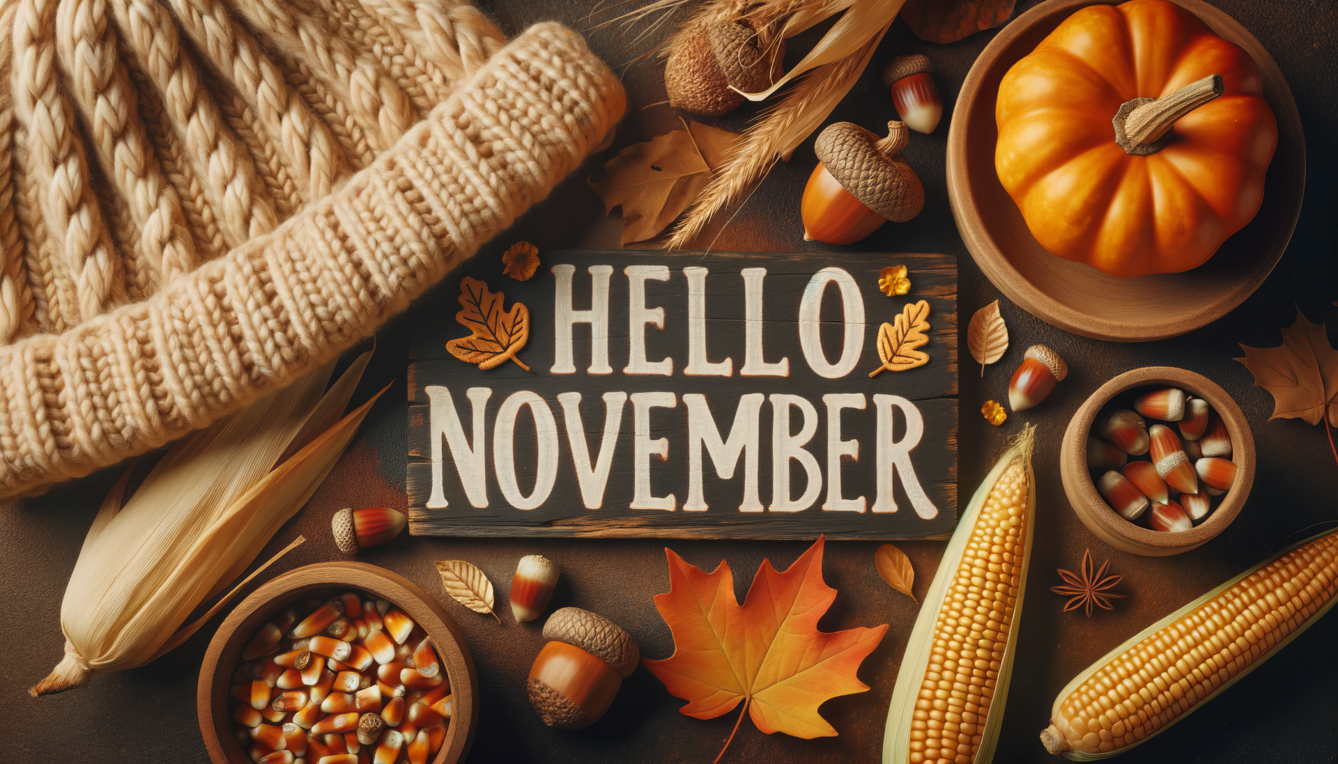 HD desktop wallpaper featuring a Hello November sign, surrounded by autumn elements like pumpkins, corn, acorns, and colorful leaves.