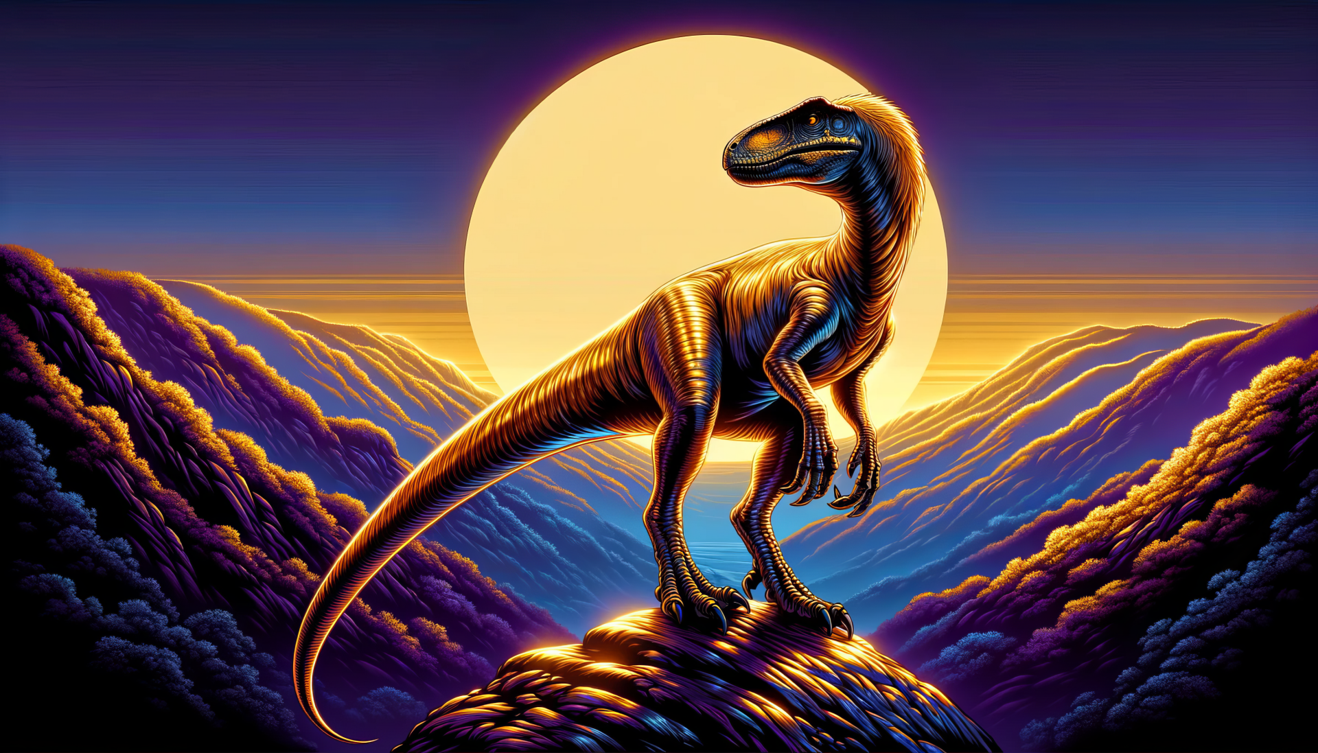 Dinosaur silhouette against a surreal sunset for HD wallpaper, featuring vibrant colors and a majestic prehistoric scene.