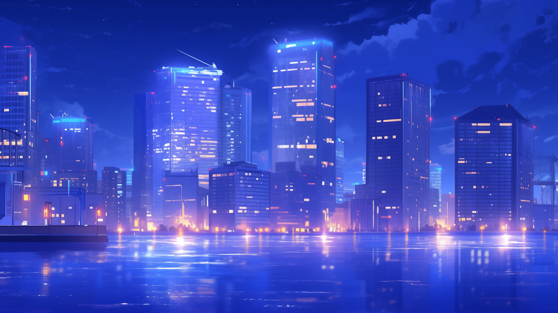 Futuristic city skyline at night with glowing lights reflecting on water for HD desktop wallpaper.