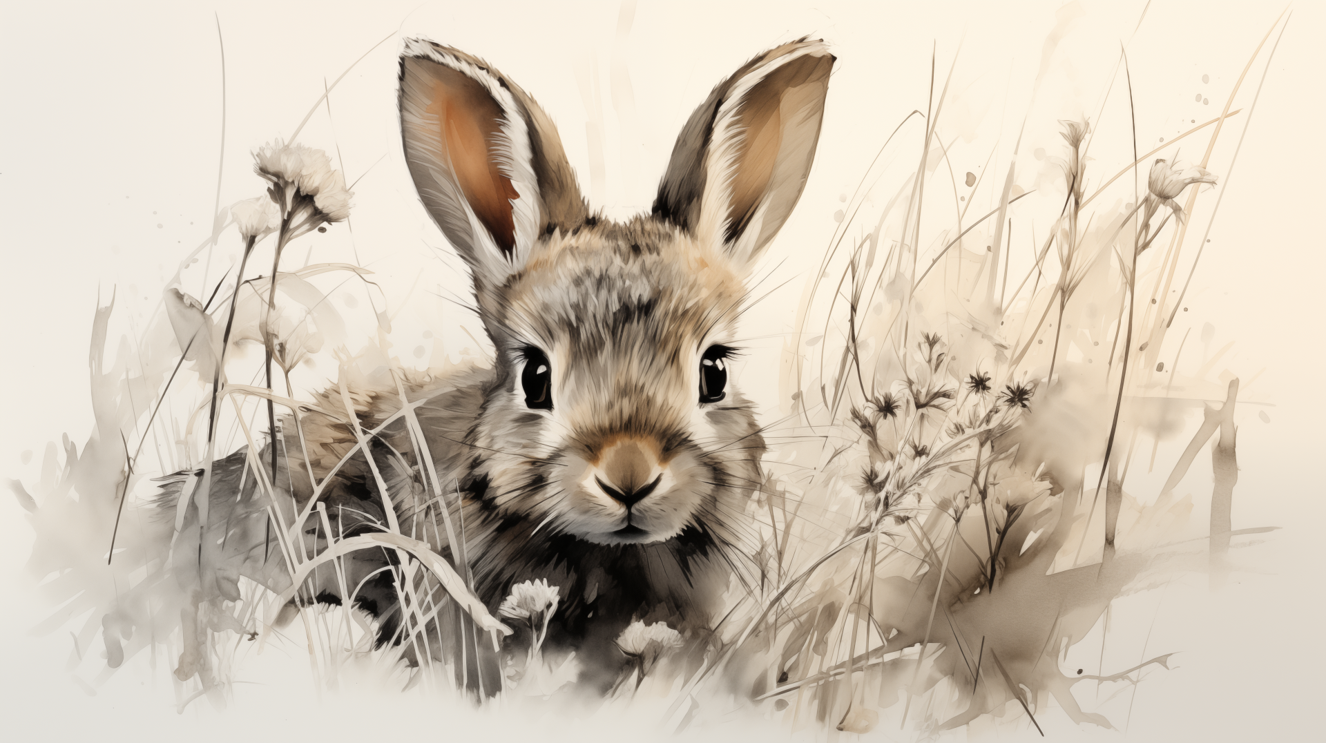 HD wallpaper of a cute rabbit nestled in the grass.