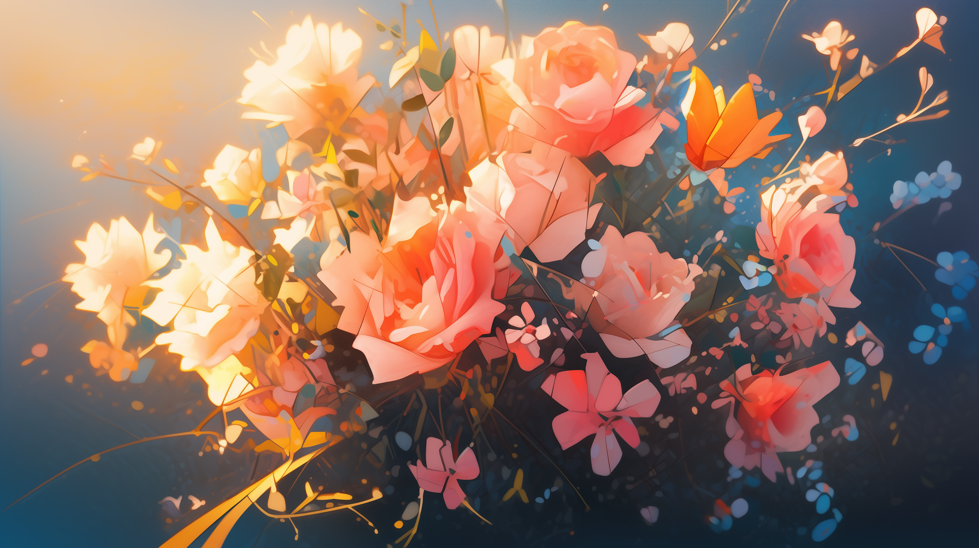 A vibrant bouquet of pink roses and delicate flowers, beautifully illustrated with soft colors, serves as an enchanting HD desktop wallpaper and background, bringing nature indoors.