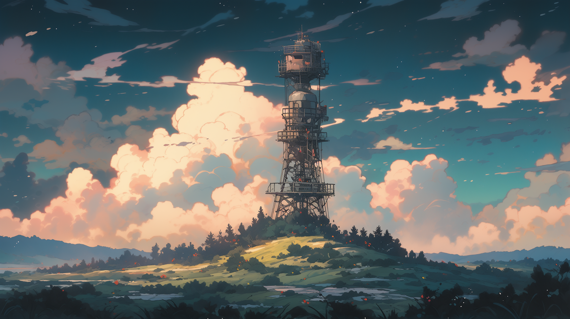 HD wallpaper of a scenic landscape with a tall tower amid rolling hills against a backdrop of a sunset sky with clouds.