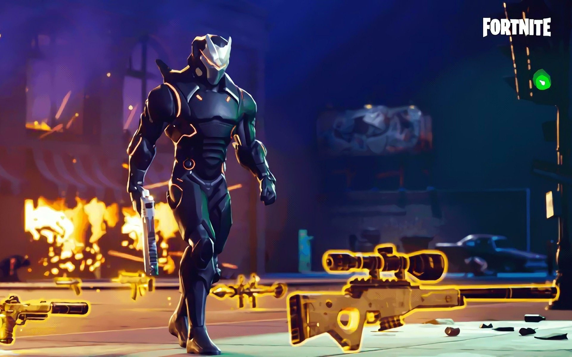 HD wallpaper featuring a Fortnite character in black armor amidst a fiery battlefield with scattered guns, suitable as a video game background.