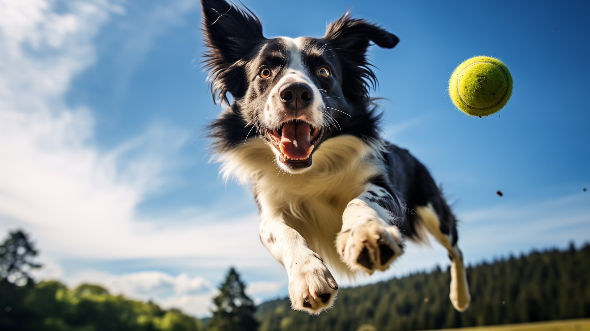 A lively border collie leaps joyfully in a field, chasing a green tennis ball, set against a serene blue sky. This captivating image serves as a vibrant HD desktop wallpaper.