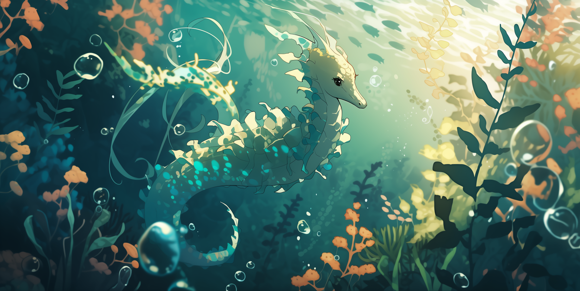 HD wallpaper of a stylized seahorse swimming amid vibrant underwater flora and light rays in a serene ocean scene.
