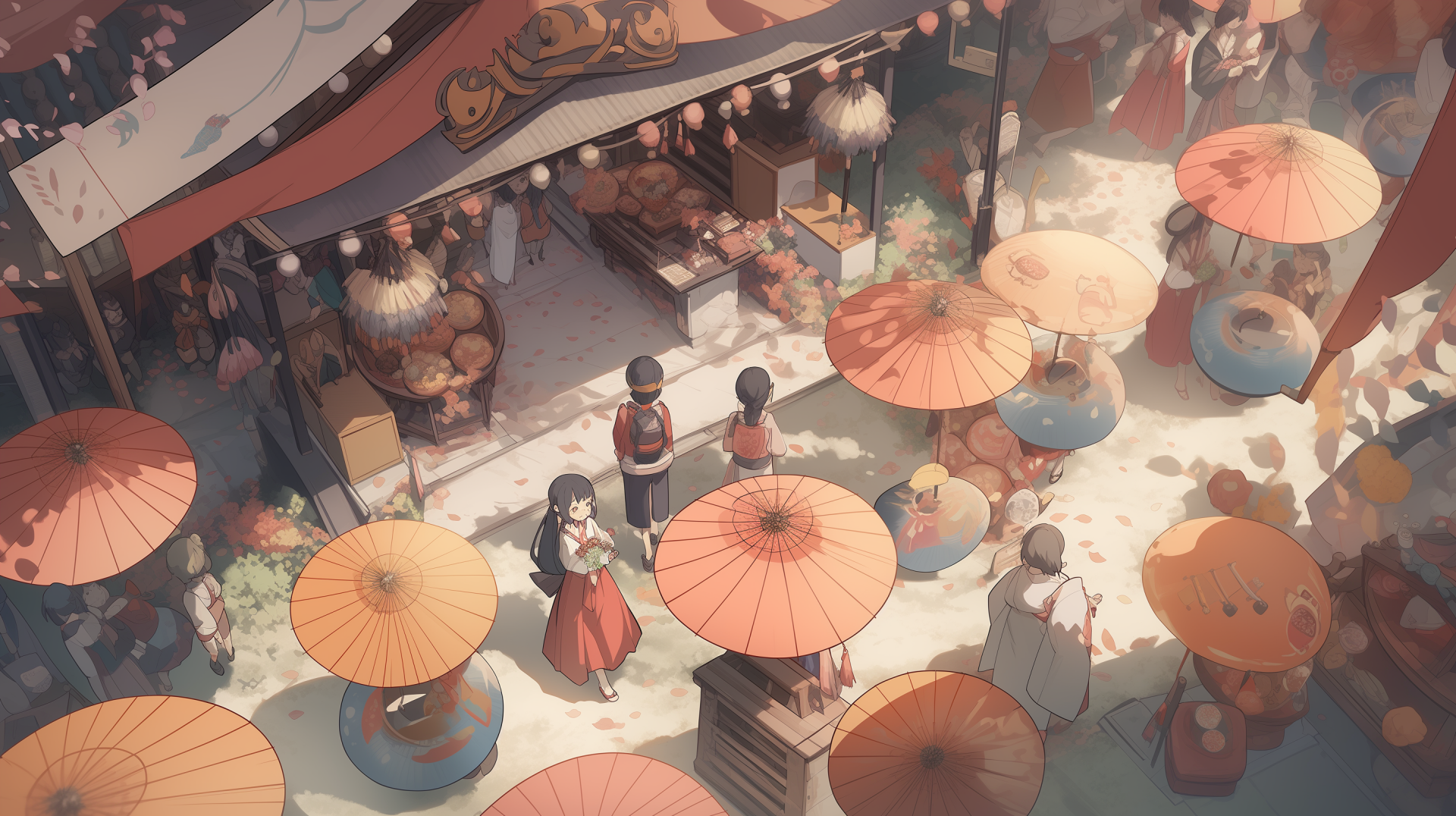 A vibrant anime festival scene featuring colorful umbrellas and stalls, set against a charming backdrop, making for an engaging HD desktop wallpaper.