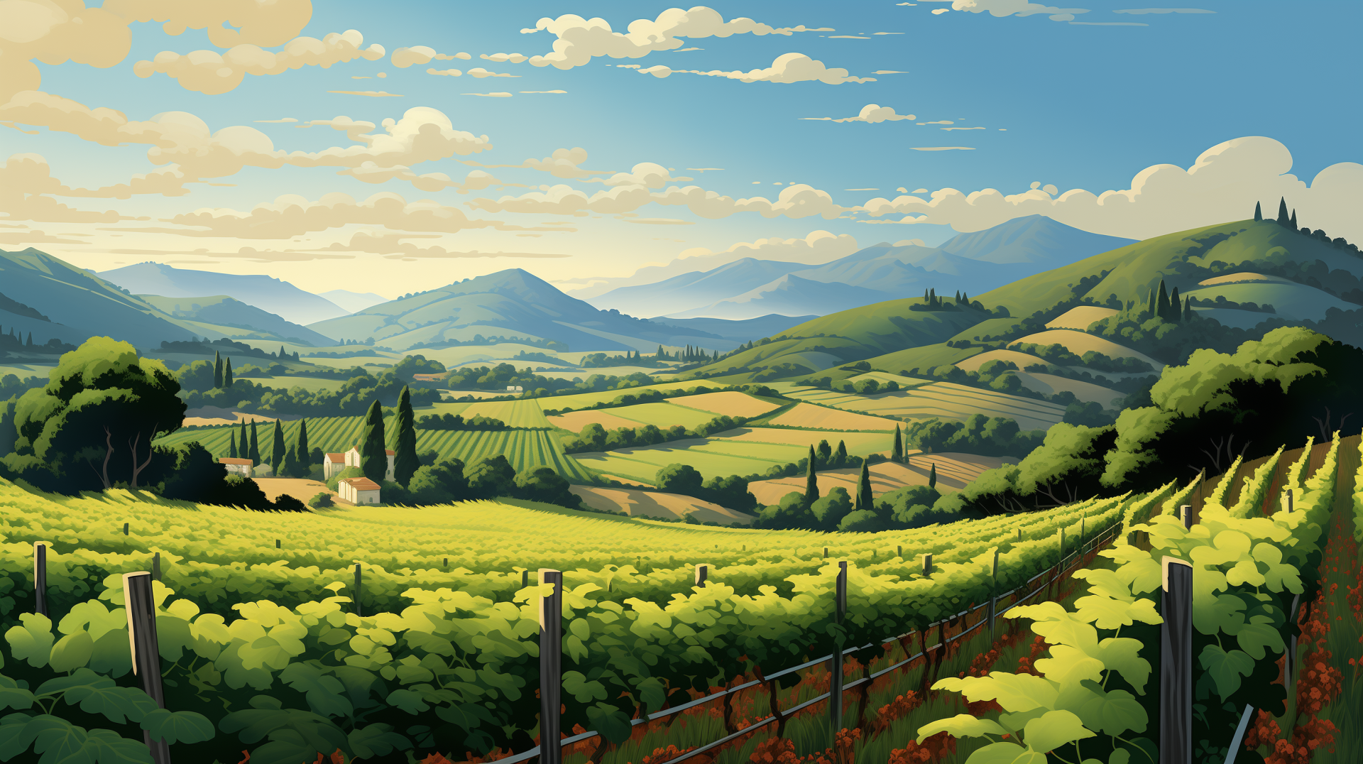 HD desktop wallpaper of a scenic vineyard landscape with lush green fields stretching towards rolling hills under a clear sky.