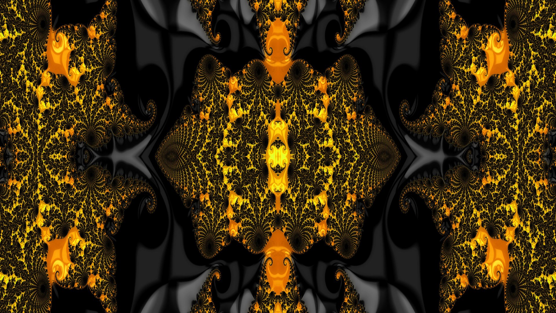 Trippy psychedelic aesthetic abstract fractal in gold and black, mirrored symmetry; 4K Ultra HD PC desktop wallpaper/background.