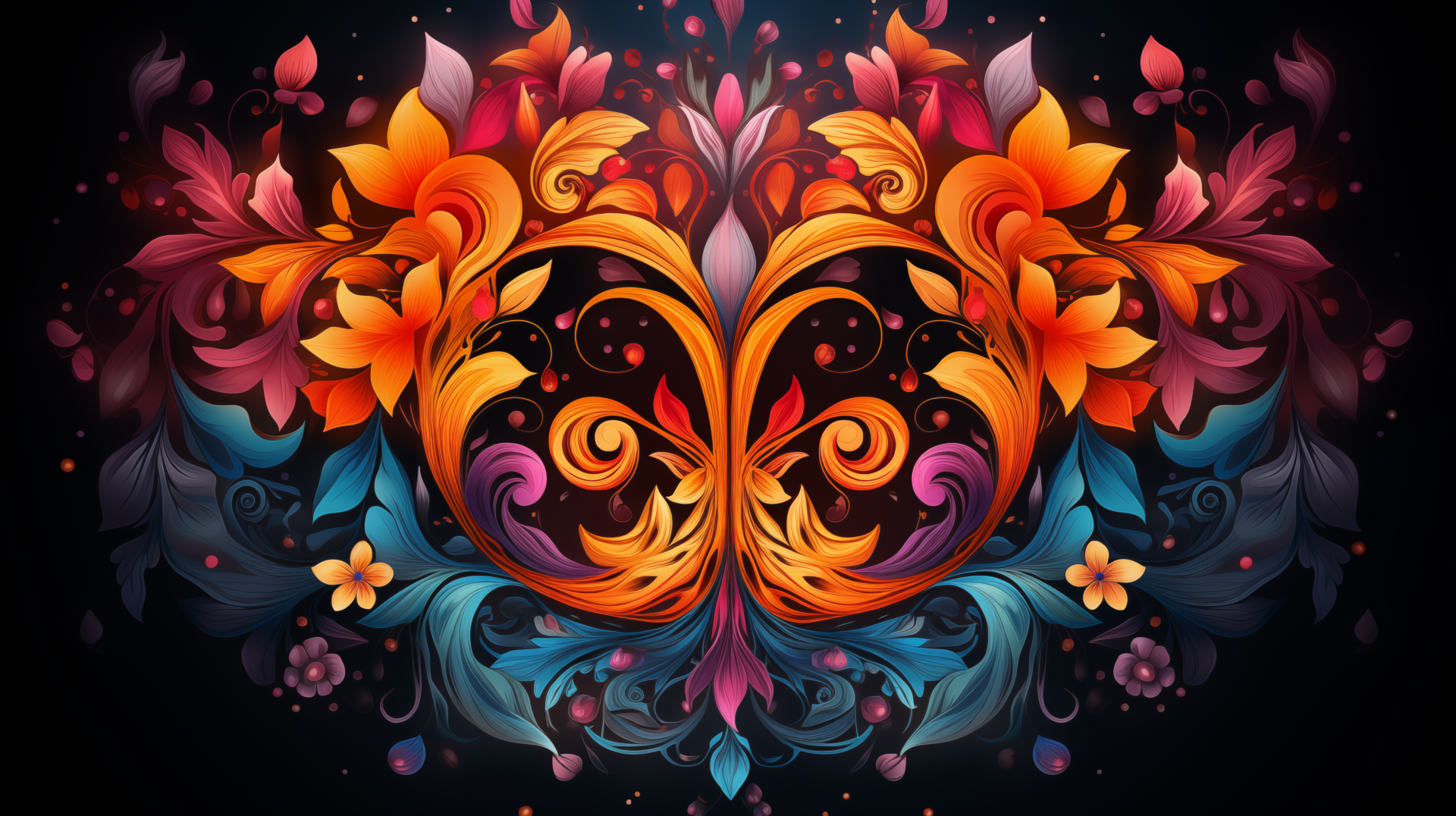 Colorful HD floral wallpaper featuring an artistic symmetrical design with vibrant flowers and decorative elements on a dark background.