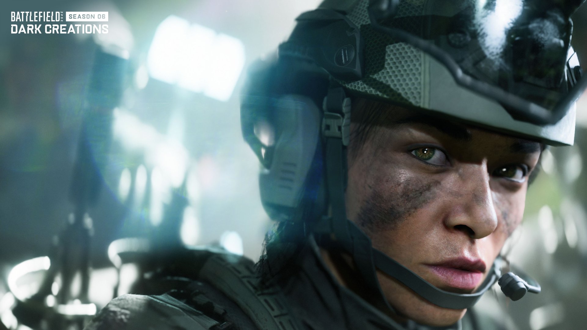 HD desktop wallpaper featuring a close-up of a soldier from the video game Battlefield 2042, set against a blurred technological background.