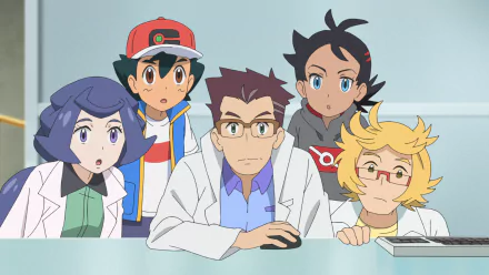 HD wallpaper featuring Professor Cerise, Ash Ketchum, Goh, and another character from Pokémon Ultimate Journeys: The Series for desktop background.