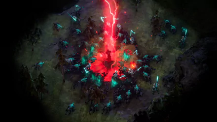 HD desktop background from Age of Darkness: Final Stand featuring a dark forest illuminated by a mysterious red lightning strike, with ethereal beings surrounding the impact area.
