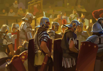 HD desktop wallpaper featuring an artistic depiction of soldiers in armor, preparing for battle.
