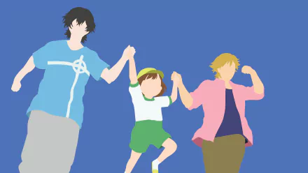 Anime-style 4K Ultra HD PC wallpaper featuring three characters from Buddy Daddies holding hands against a clear blue sky background.