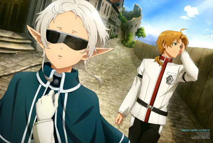 Sylphiette and Rudeus Greyrat from Mushoku Tensei: Jobless Reincarnation stand in a sunlit street, depicted in vibrant 4K Ultra HD anime style.