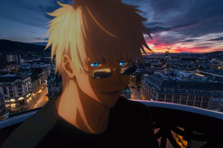 HD PC desktop wallpaper featuring Satoru Gojo from the anime Jujutsu Kaisen, set against a vibrant cityscape at sunset.