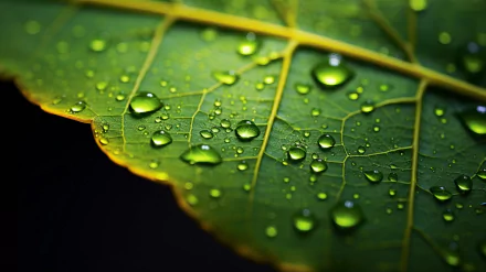 HD wallpaper of a leaf with dew drops - vibrant green nature desktop background.