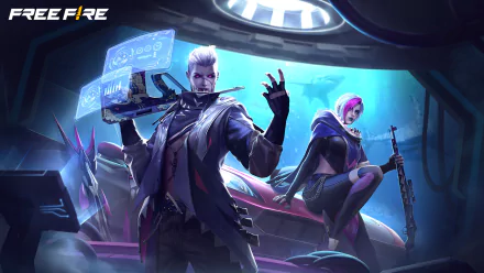 HD desktop wallpaper of Garena Free Fire featuring stylized male and female characters with futuristic weapons and gear.