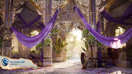 HD desktop wallpaper from Mortal Kombat 1 game featuring an ornate great hall with violet drapes, intricate architecture, and a mystical energy orb.