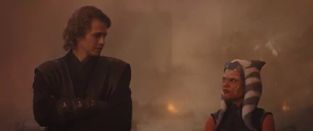 Anakin Skywalker and Ahsoka Tano from the TV show Ahsoka (2023) engage in a moment of connection against a dramatic backdrop, featuring rich colors and intense atmosphere.