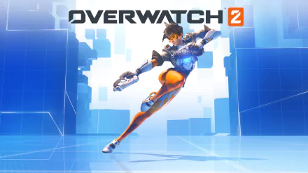 HD desktop wallpaper of Tracer from Overwatch 2, depicted in dynamic action pose against a stylized blue background with the game's logo.