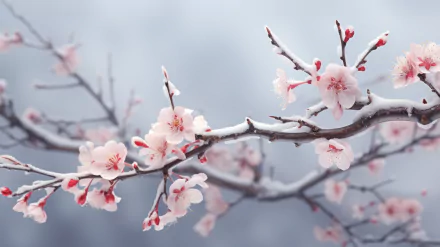HD desktop wallpaper featuring a frost-covered sakura branch with delicate pink blossoms against a soft, muted background.