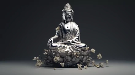 Silver Buddha statue seated on lotus with leaves, serene Buddhism wallpaper in high definition.