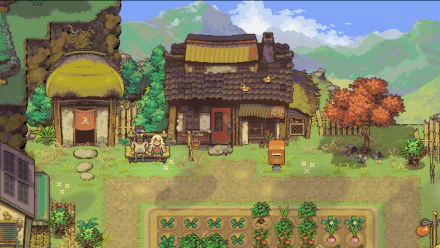 HD desktop wallpaper featuring the charming rural scenery of Octopia from the game Eastward, with a quaint cottage, lush garden, and serene mountain backdrop.