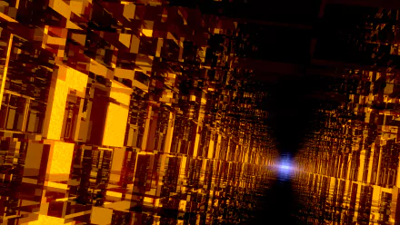 A digital corridor of amber and orange cubes fades into black, creating a striking 4K Ultra HD PC desktop wallpaper with dark, glowing geometric patterns.
