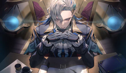 HD desktop wallpaper featuring Neuvillette from Genshin Impact, depicted with a serious expression and hands clasped, surrounded by mystical blue orbs.