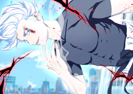 4K Ultra HD anime wallpaper of Satoru Gojo from Jujutsu Kaisen, featuring him with white hair, piercing blue eyes, and dynamic red energy streaks.